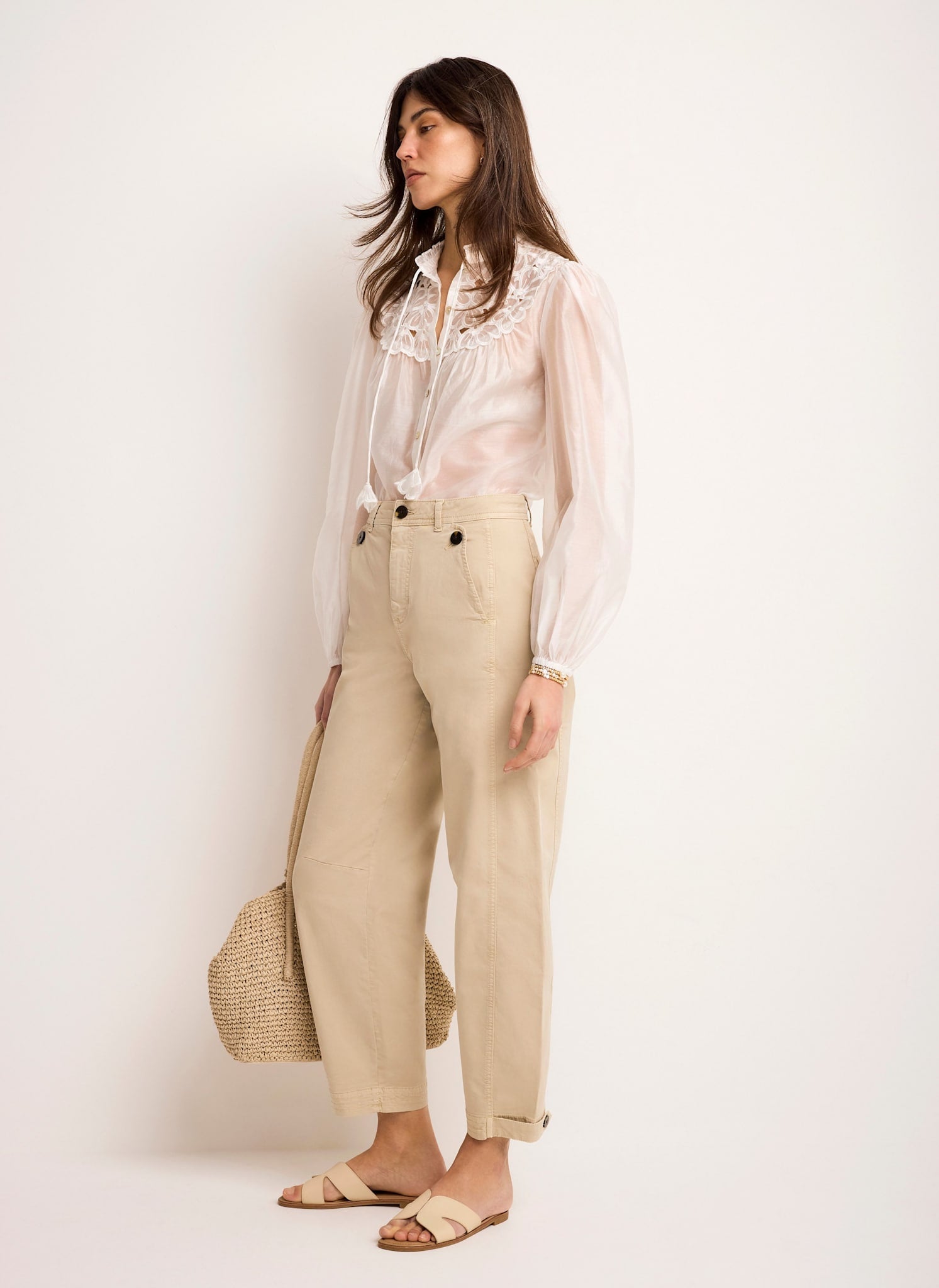 Neutral Washed Barrel Leg Chino Trousers