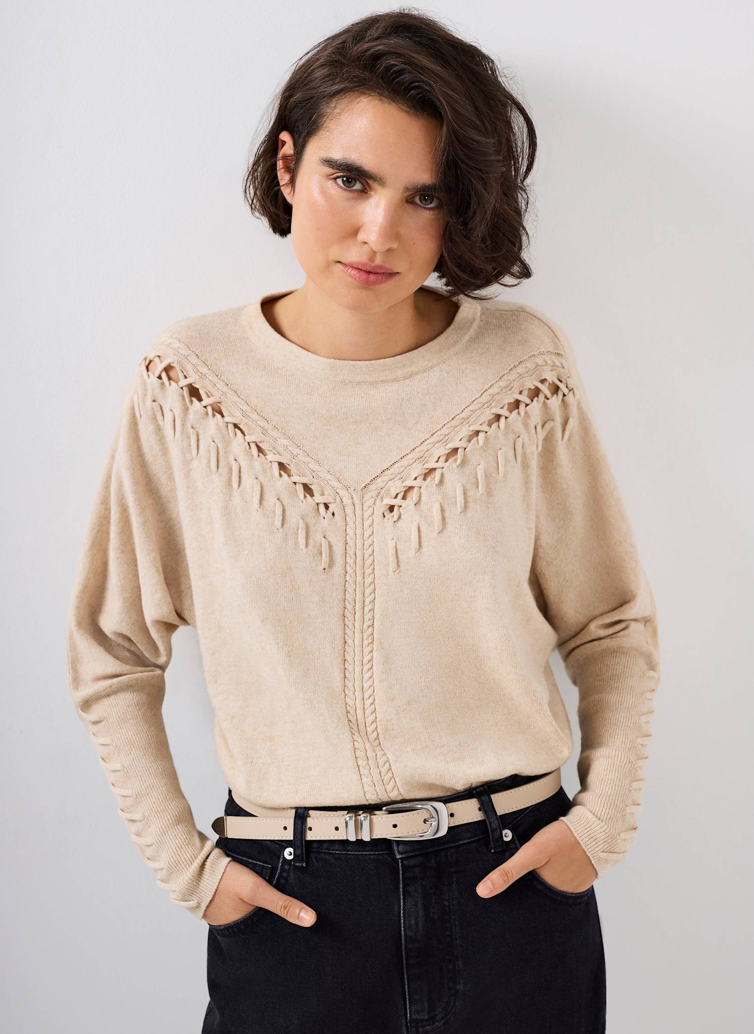 Neutral Cotton Blend Stitch Detail Jumper