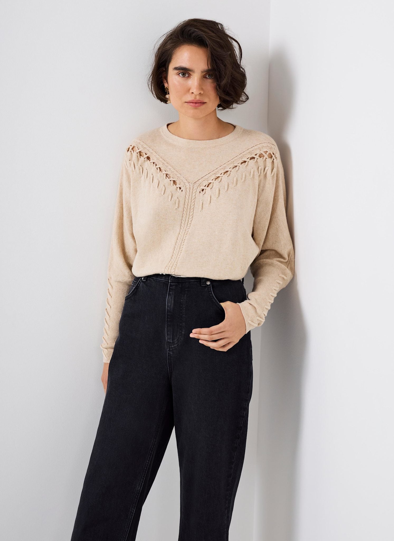 Neutral Cotton Blend Stitch Detail Jumper