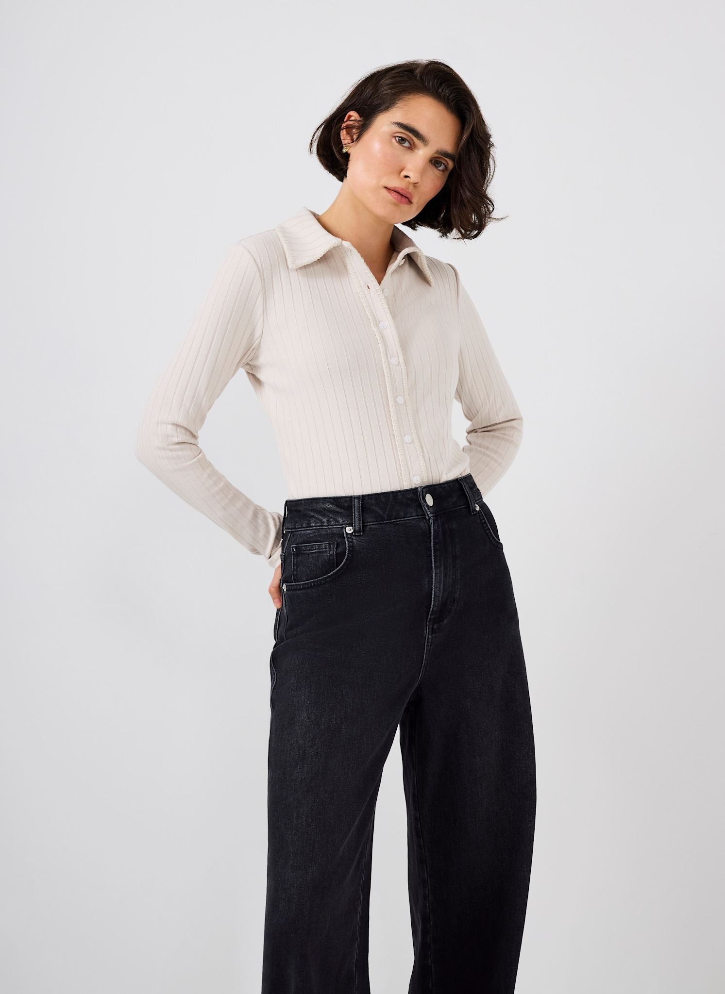 Neutral Whipstitch Polo Top