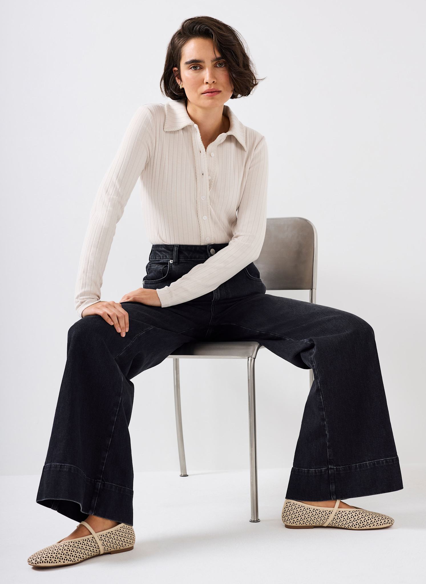 Neutral Whipstitch Polo Top