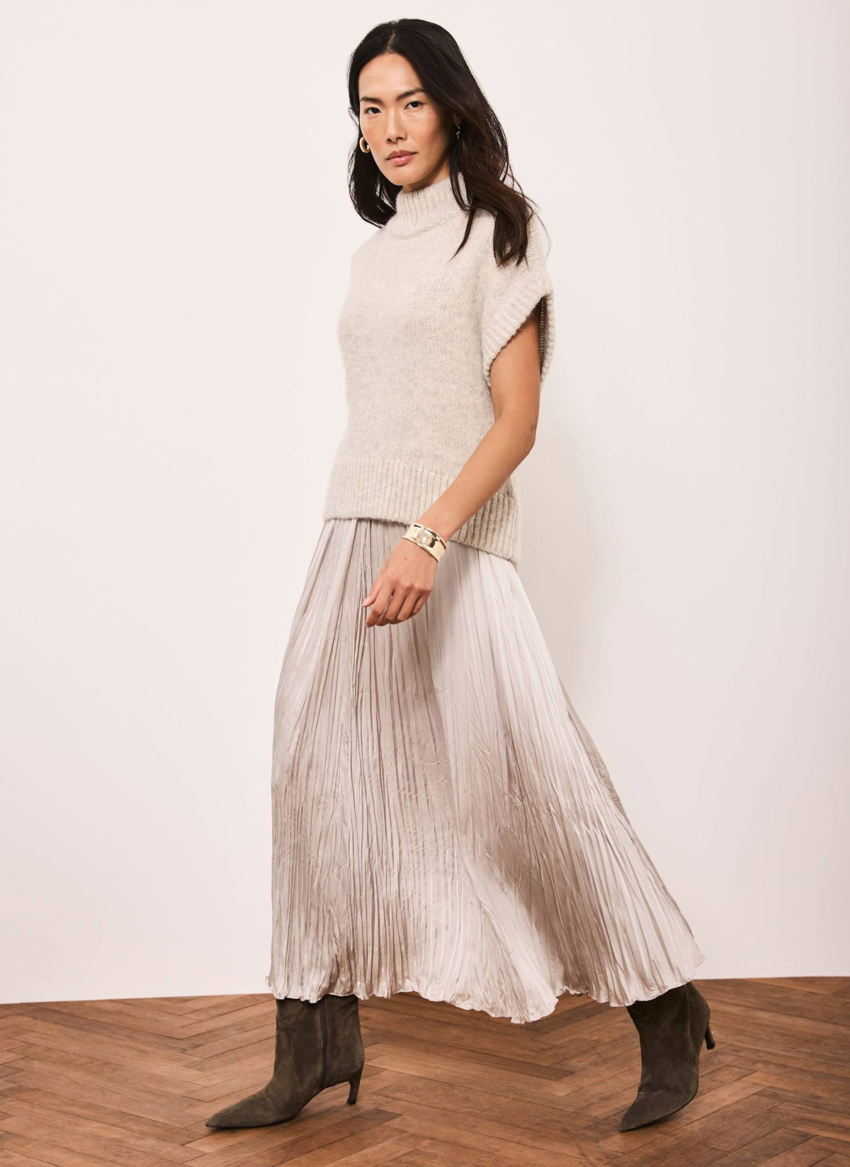 Neutral Wool Blend Layered Maxi Dress