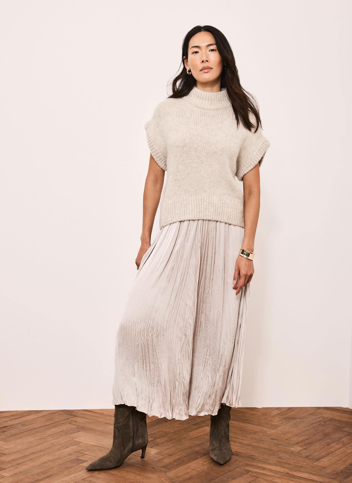 Neutral Wool Blend Layered Maxi Dress