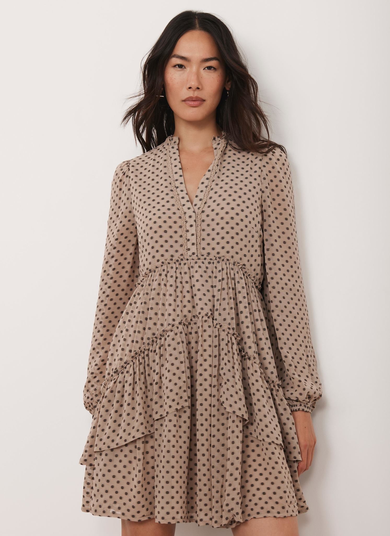 Neutral Jacquard Polka Dot Mini Dress