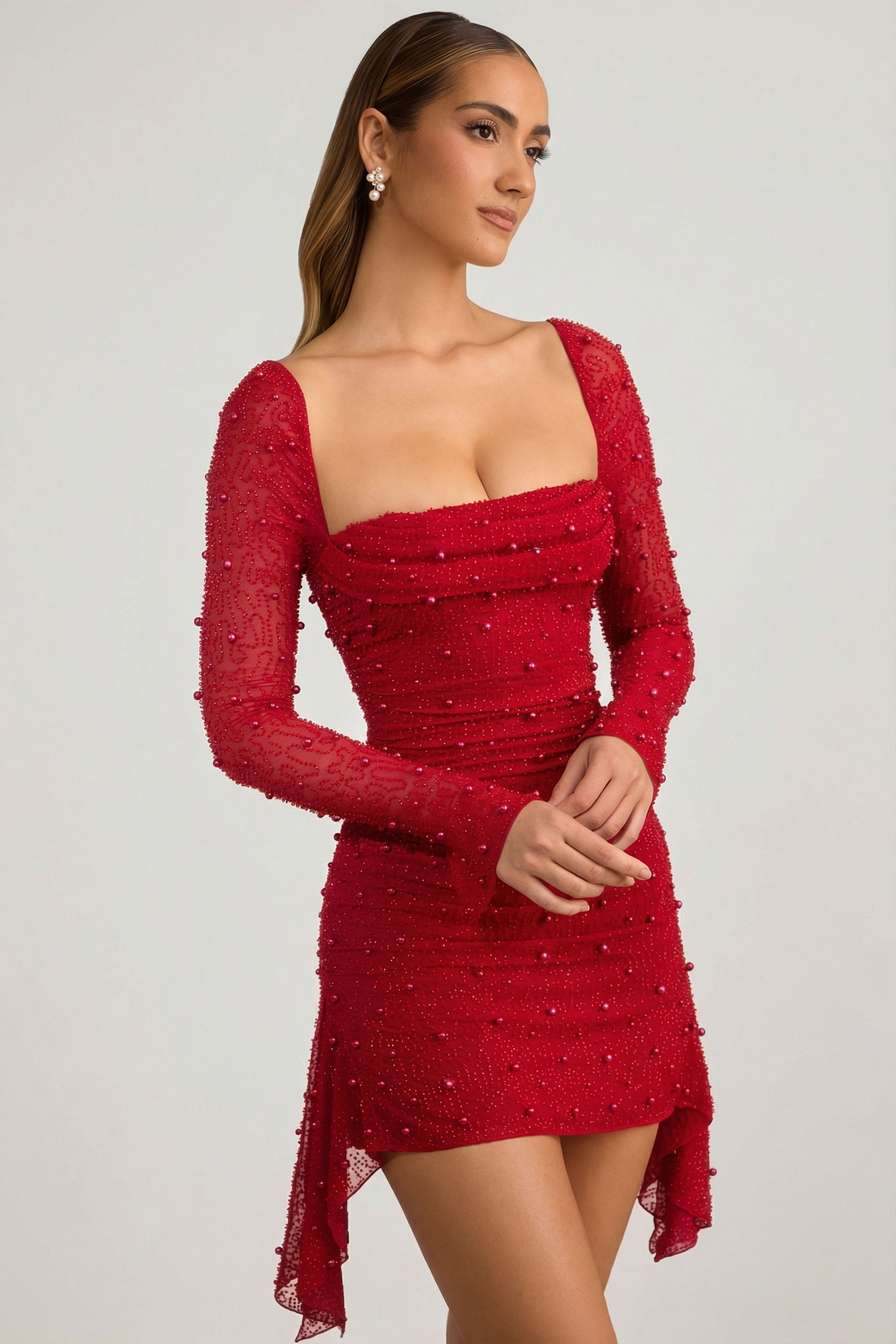 Embellished Cowl-Neck Draped Mini Dress in True Red