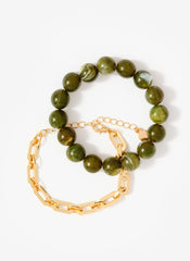 Green Beaded and Chain Layer Bracelet