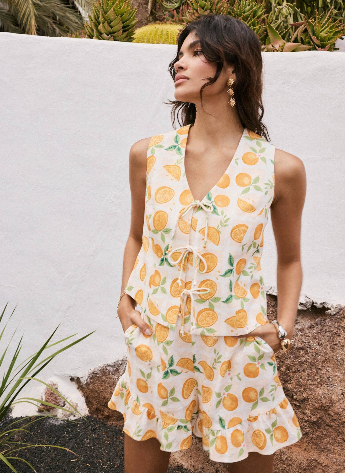 Orange Print Linen Blend Waistcoat Top