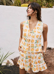 Orange Print Linen Blend Waistcoat Top