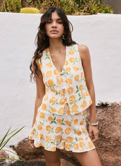 Orange Print Linen Blend Waistcoat Top