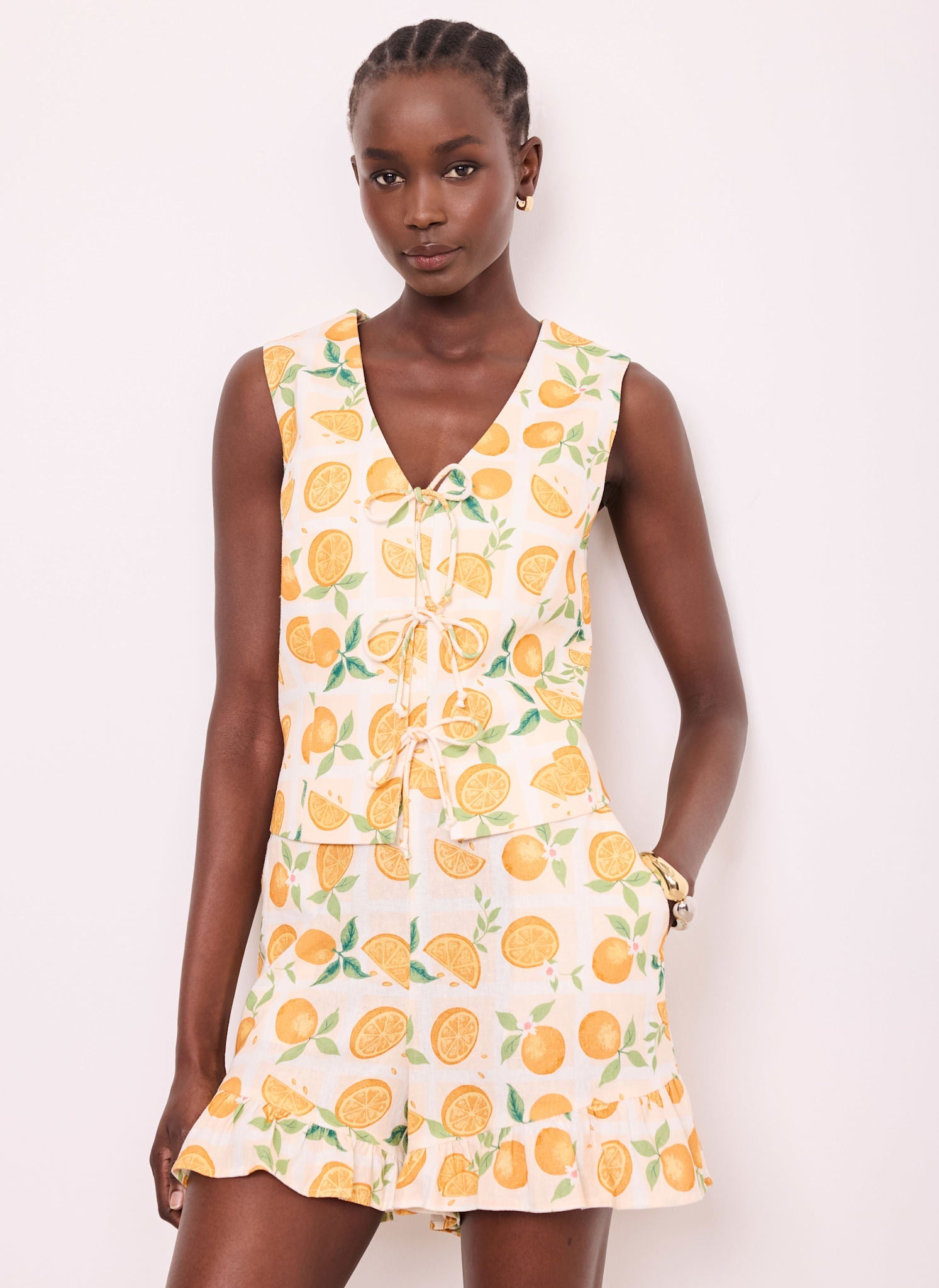 Orange Print Linen Blend Waistcoat Top