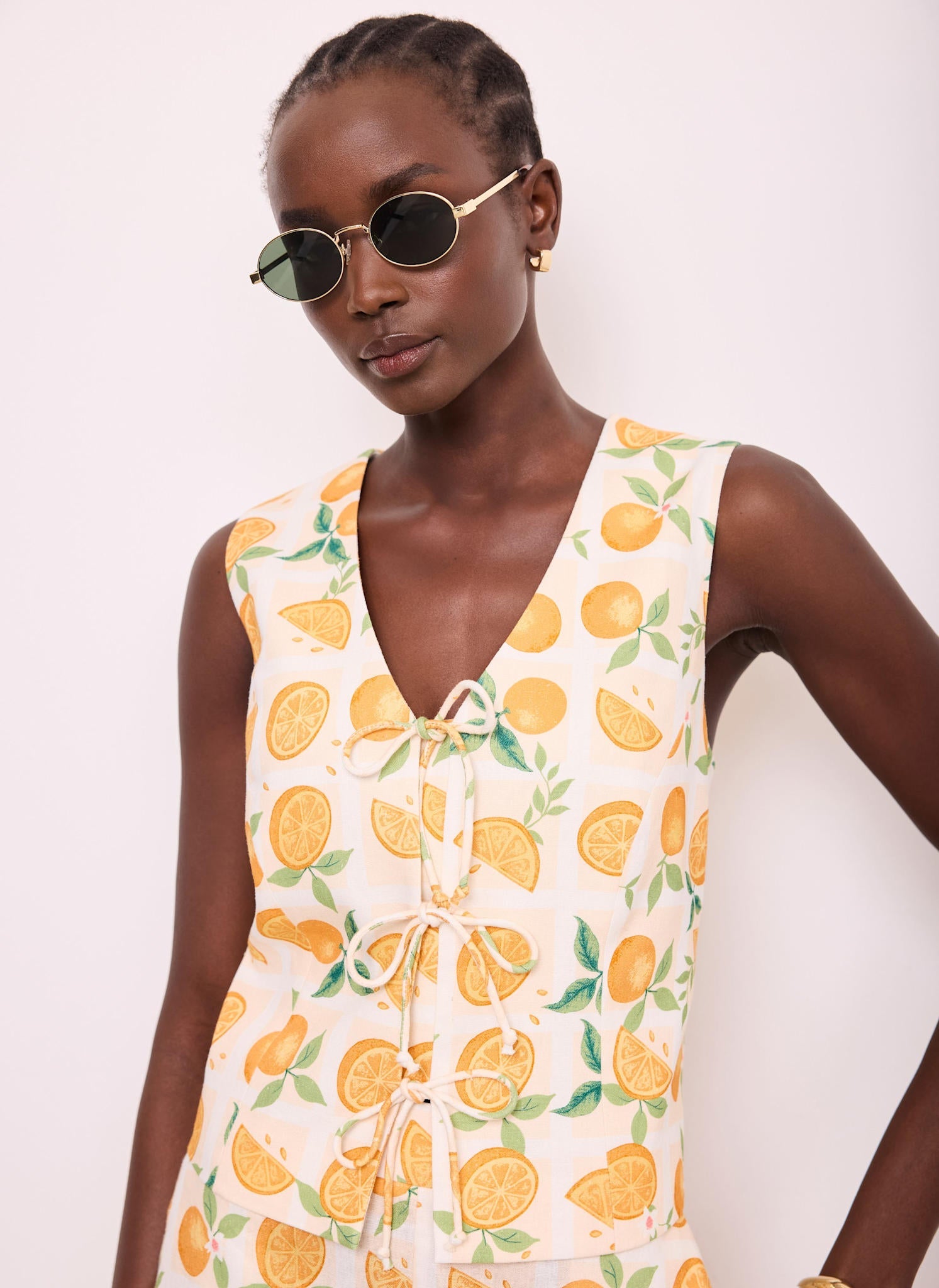 Orange Print Linen Blend Waistcoat Top