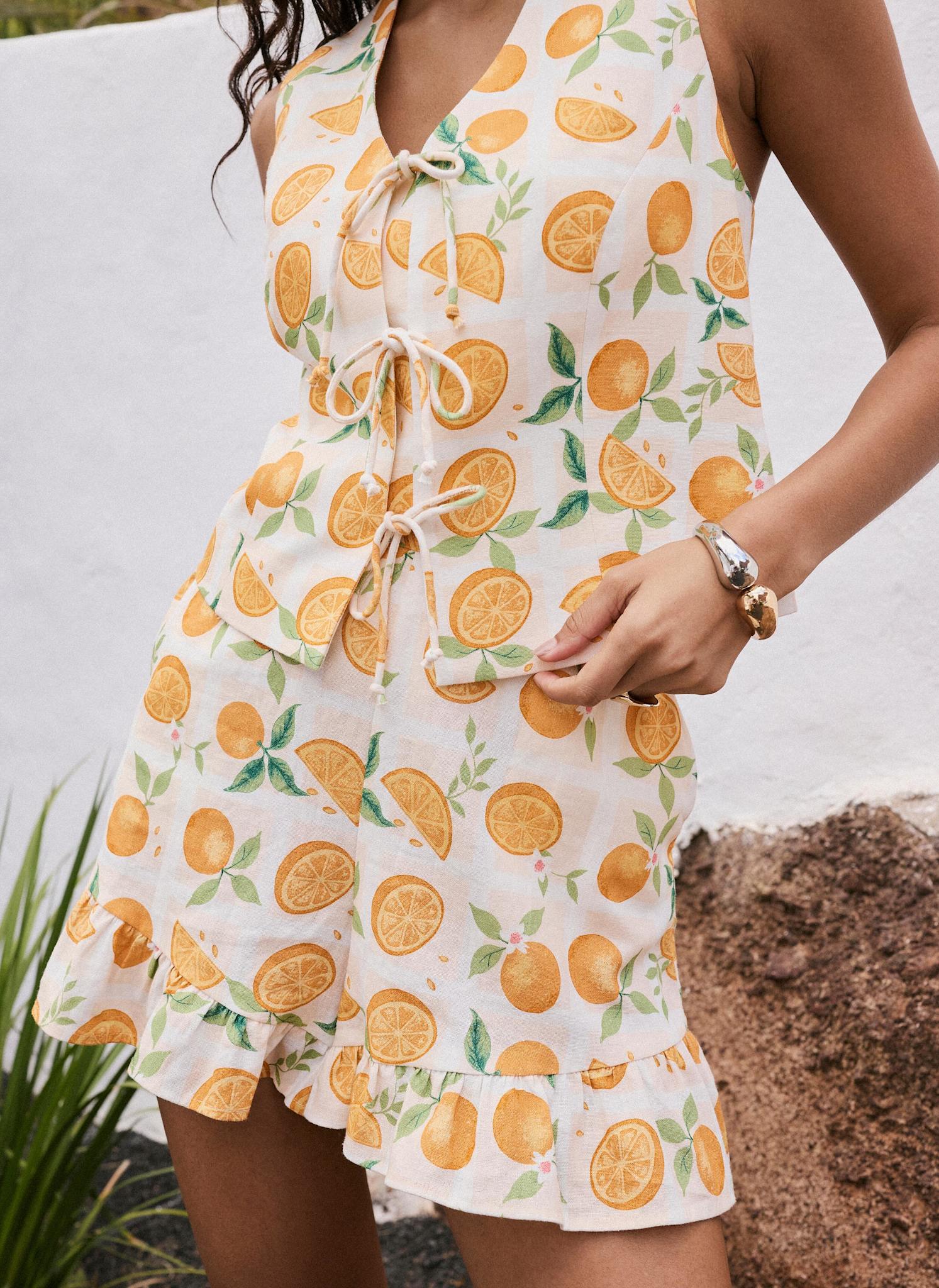 Orange Print Linen Blend Ruffle Shorts