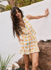 Orange Print Linen Blend Ruffle Shorts