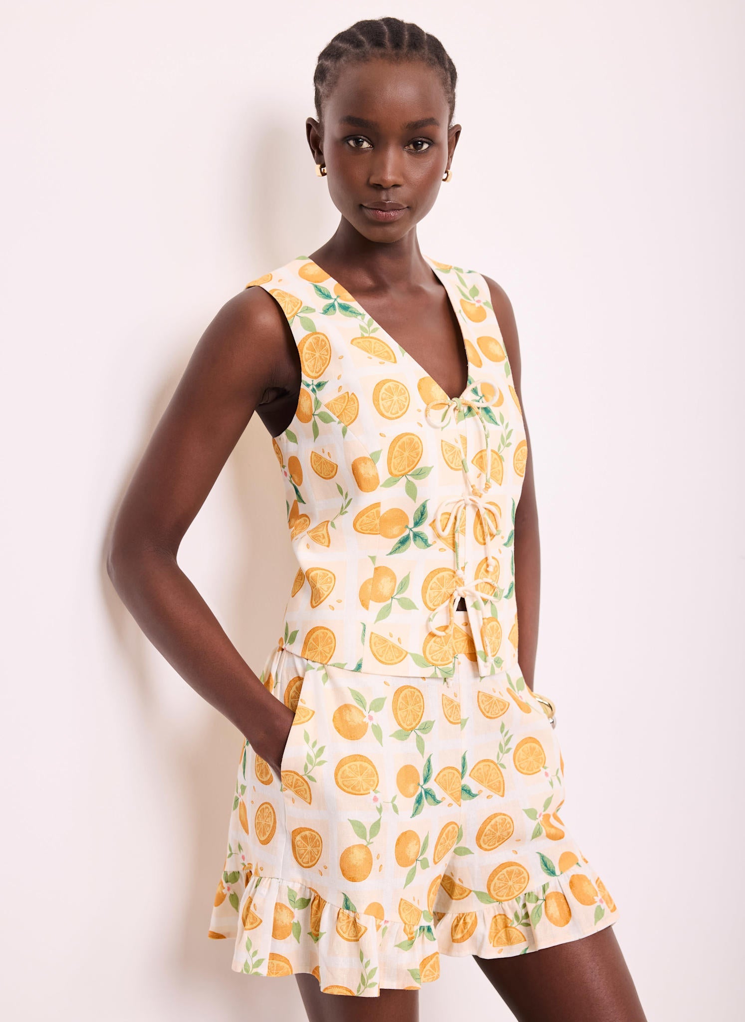 Orange Print Linen Blend Ruffle Shorts