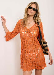Orange Crochet Flower Beach Mini Dress