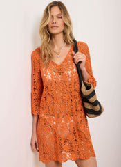 Orange Crochet Flower Beach Mini Dress