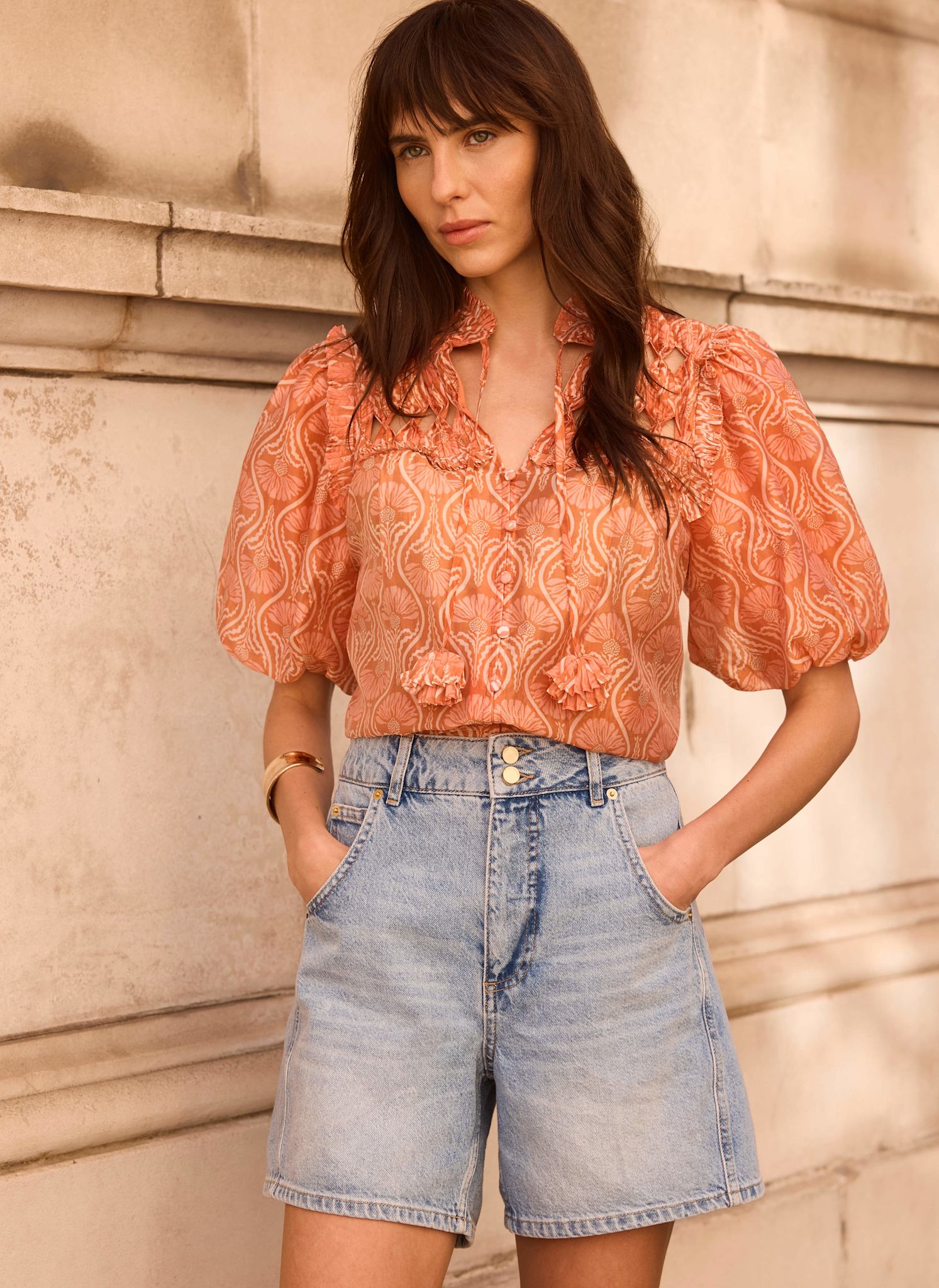 Orange Printed Cut Out Tie Blouse