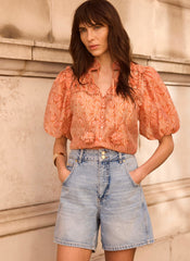 Orange Printed Cut Out Tie Blouse