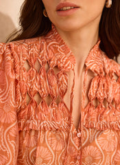 Orange Printed Cut Out Tie Blouse