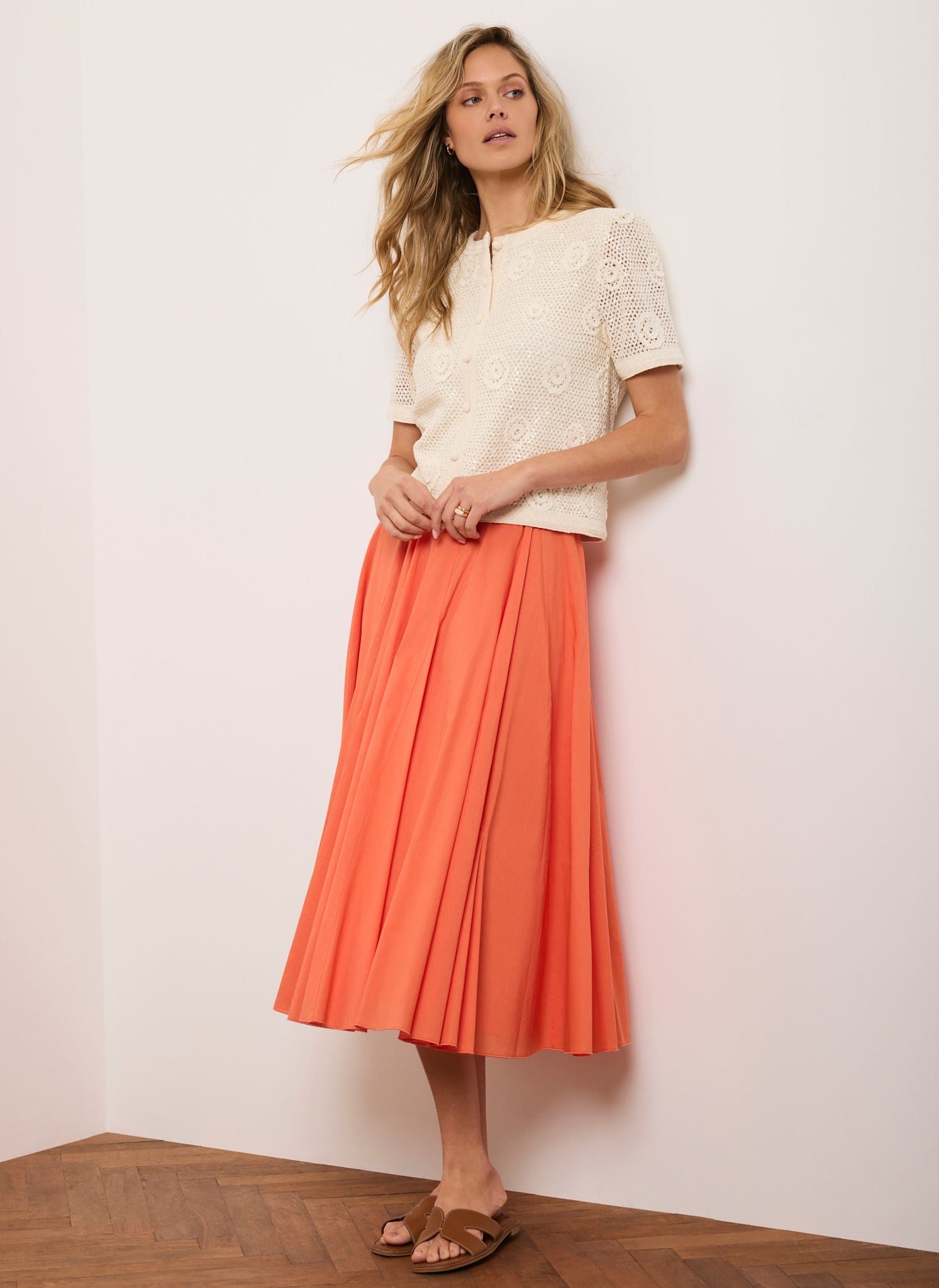Orange Cotton Full Midi Skirt