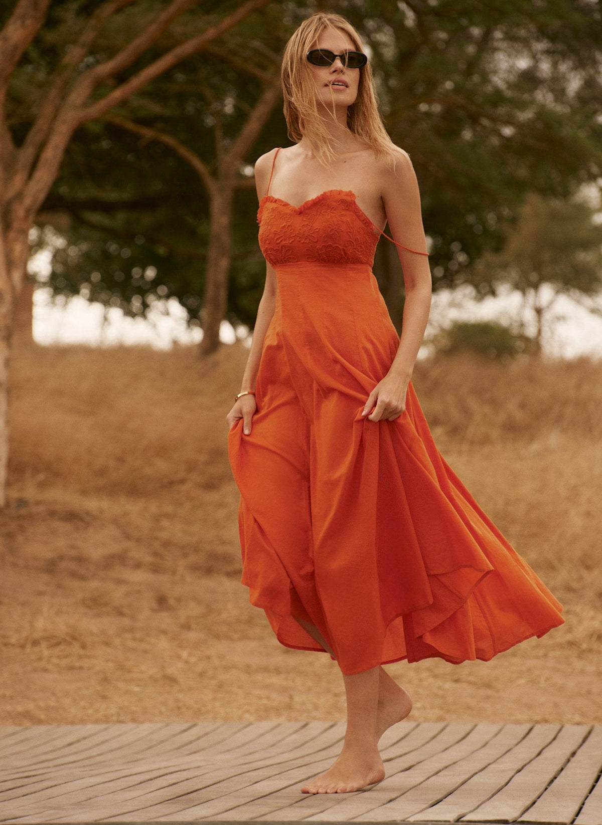 Orange Cotton Embroidered Midi Dress