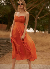 Orange Cotton Embroidered Midi Dress