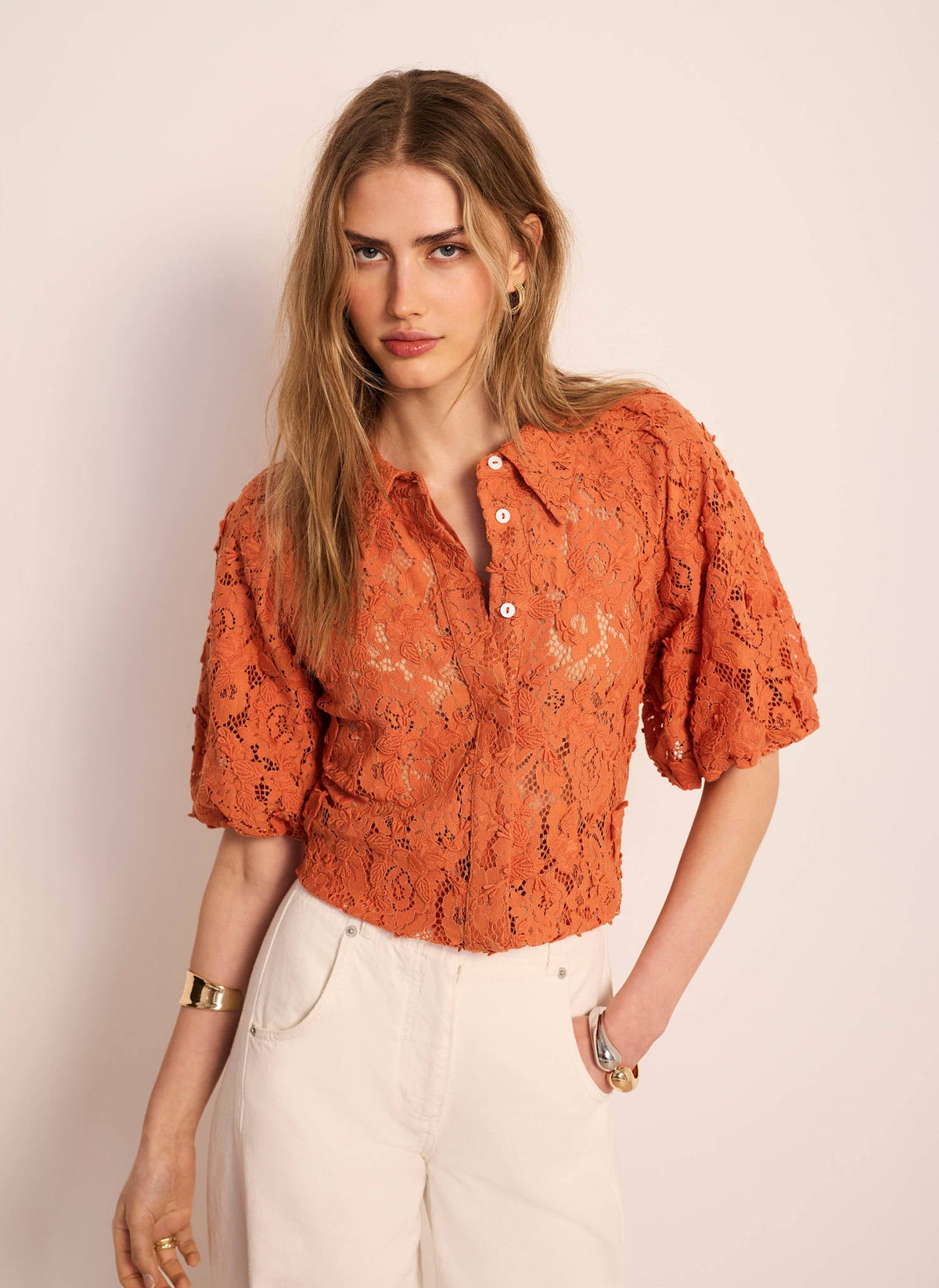 Orange Lace Puff Sleeve Shirt
