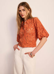 Orange Lace Puff Sleeve Shirt