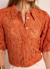 Orange Lace Puff Sleeve Shirt