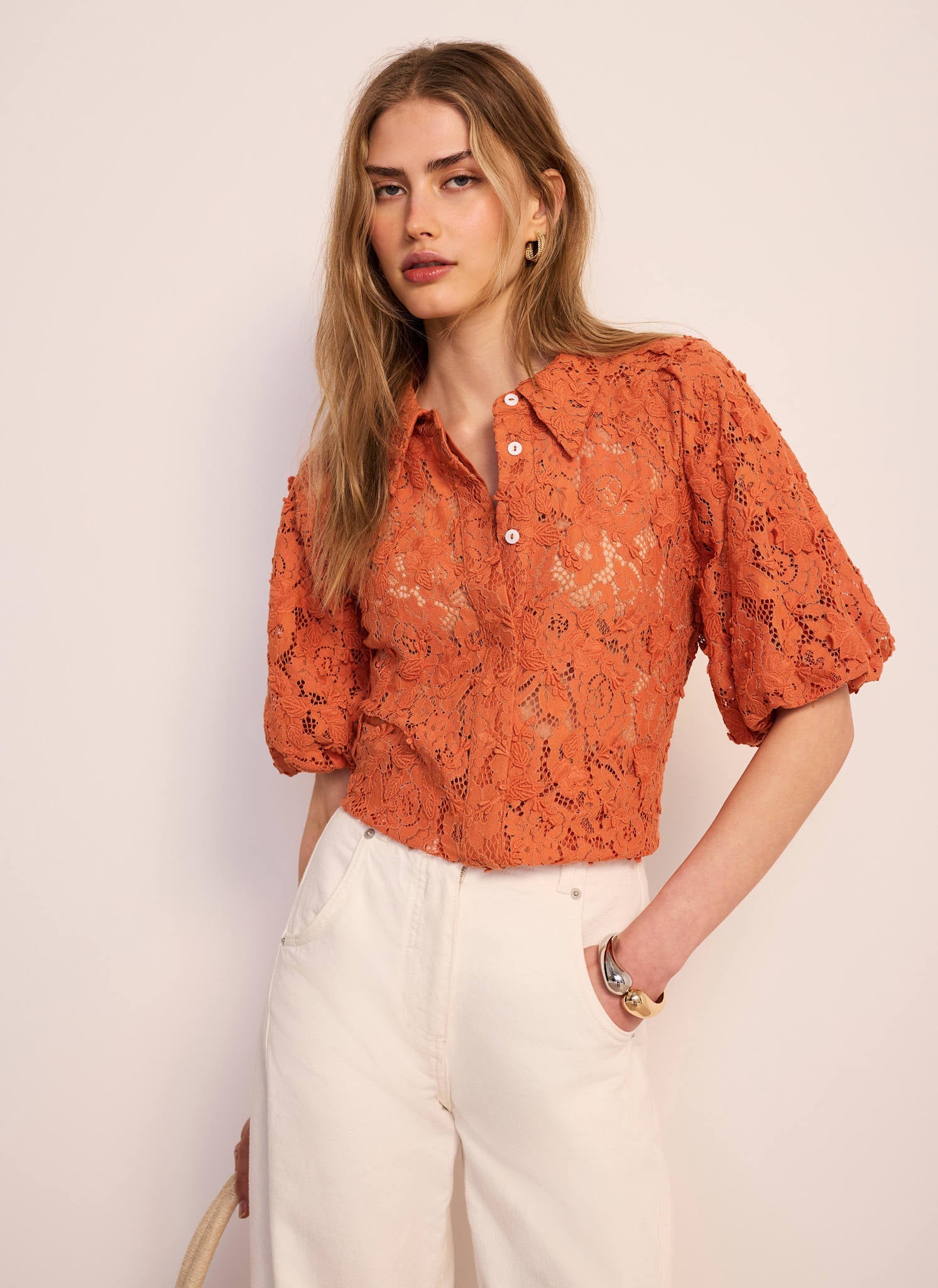 Orange Lace Puff Sleeve Shirt