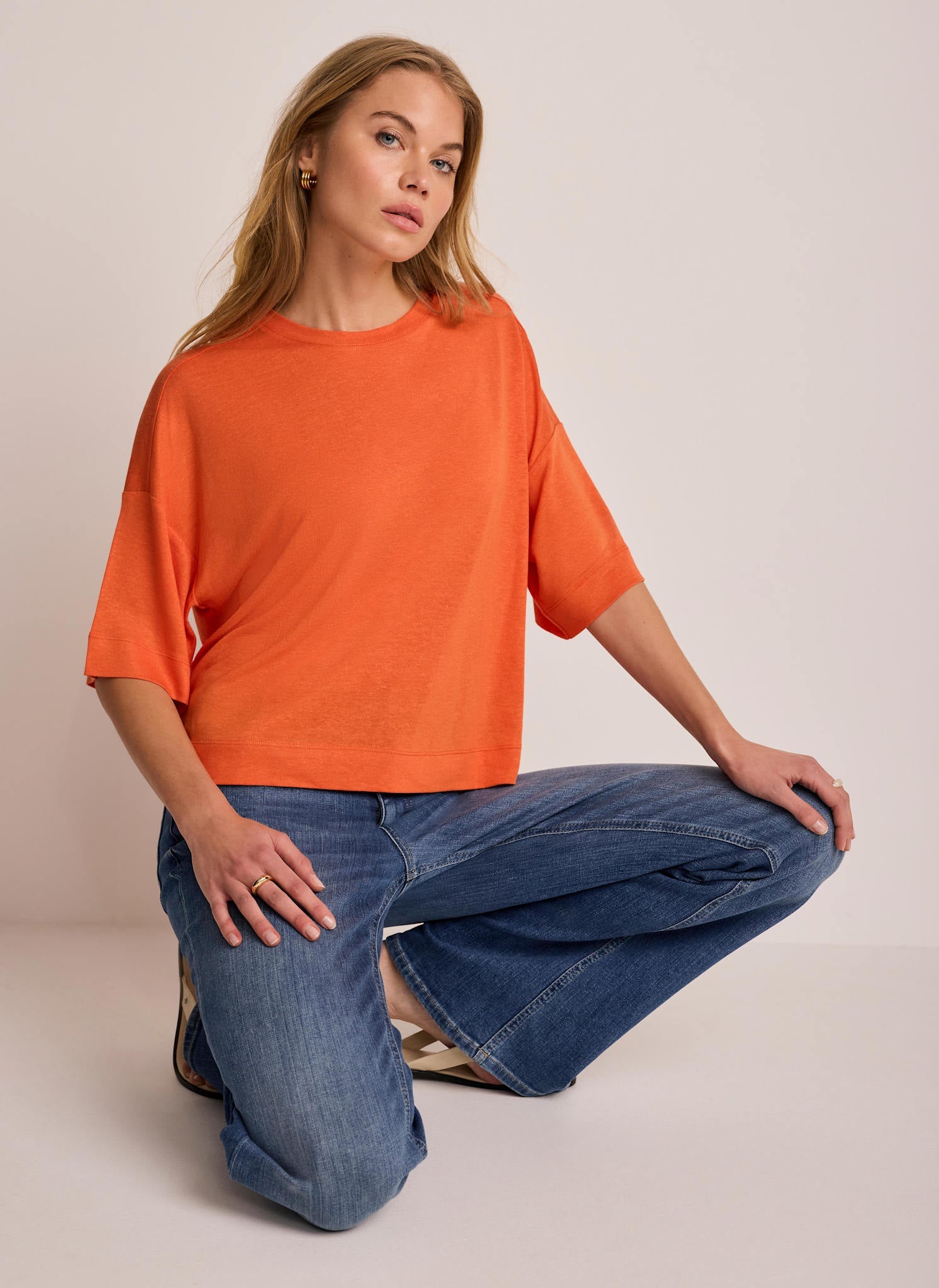 Orange Linen Blend Boxy T-Shirt