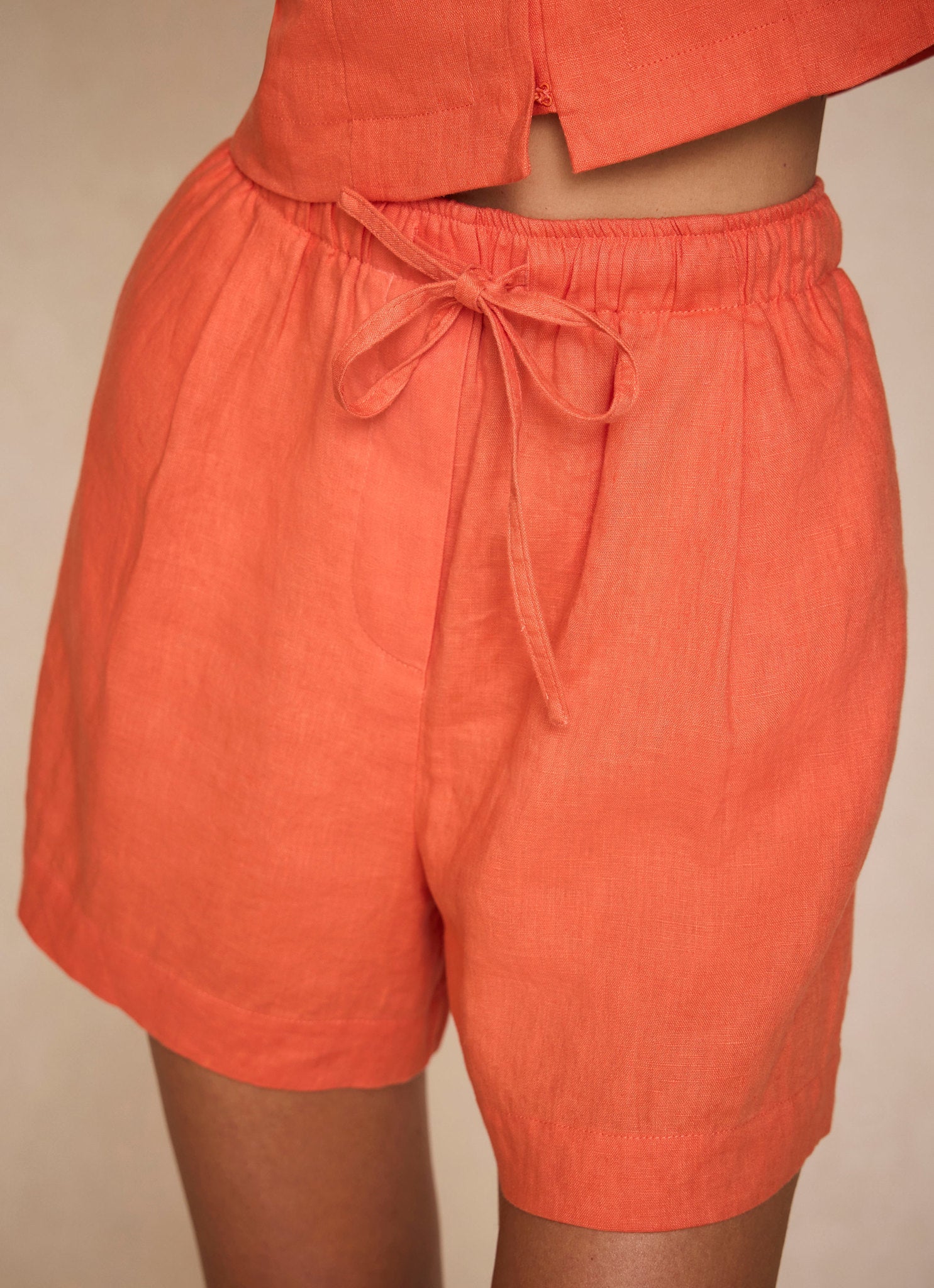 Orange Linen Drawstring Shorts