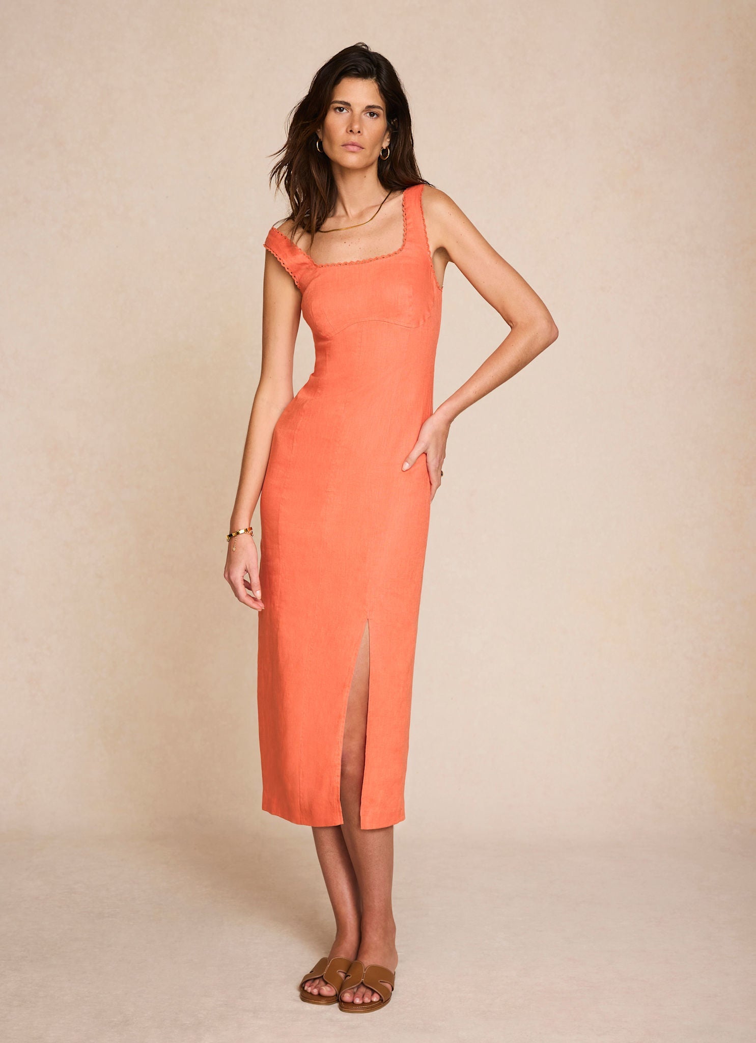 Orange Linen Midi Dress