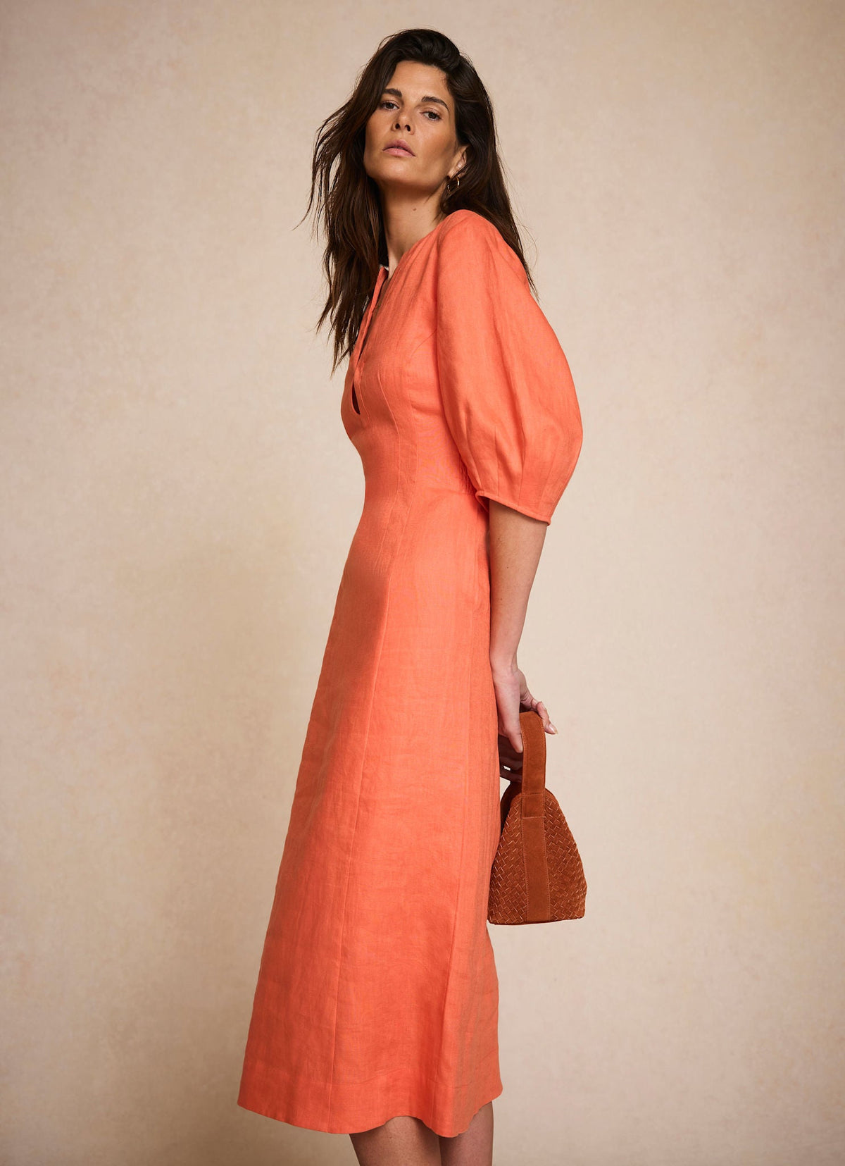 Orange Linen Puff Sleeve Midi Dress