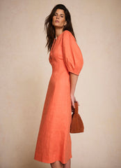 Orange Linen Puff Sleeve Midi Dress