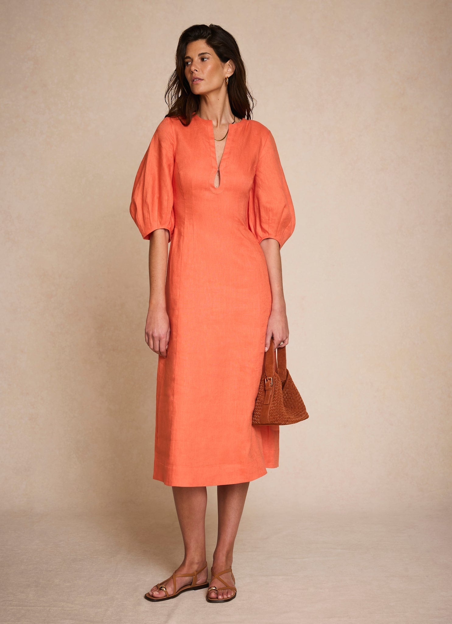 Orange Linen Puff Sleeve Midi Dress