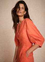 Orange Linen Puff Sleeve Midi Dress