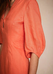 Orange Linen Puff Sleeve Midi Dress