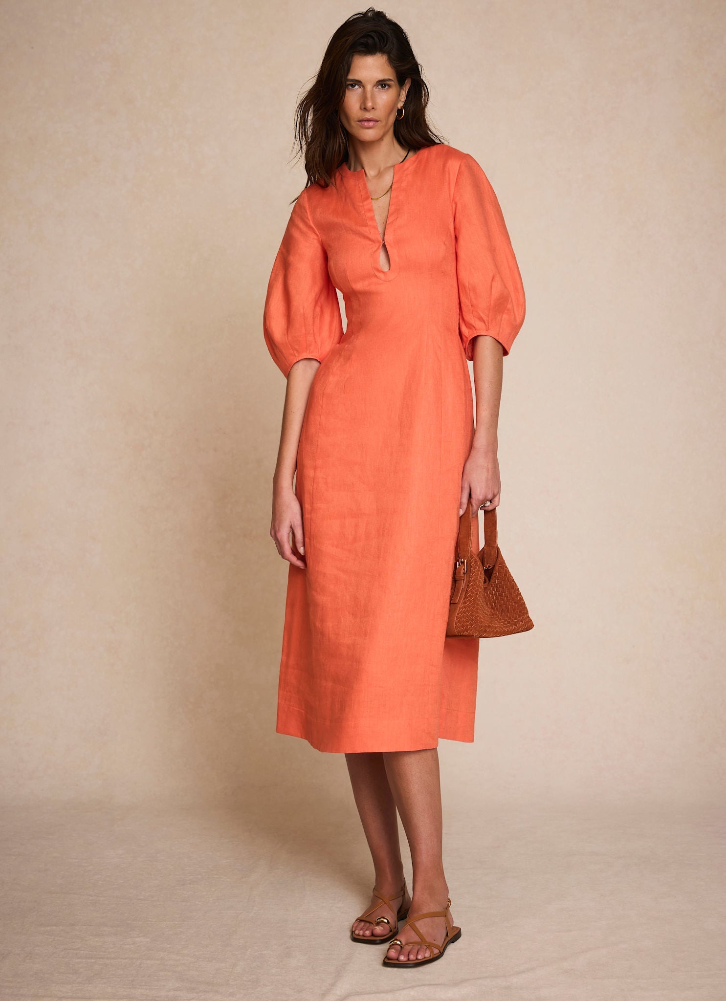 Orange Linen Puff Sleeve Midi Dress