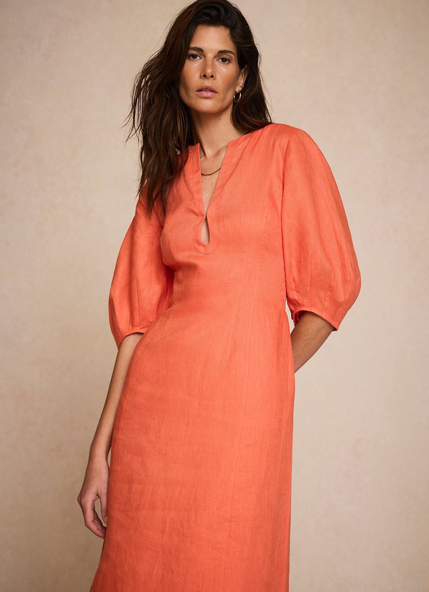 Orange Linen Puff Sleeve Midi Dress