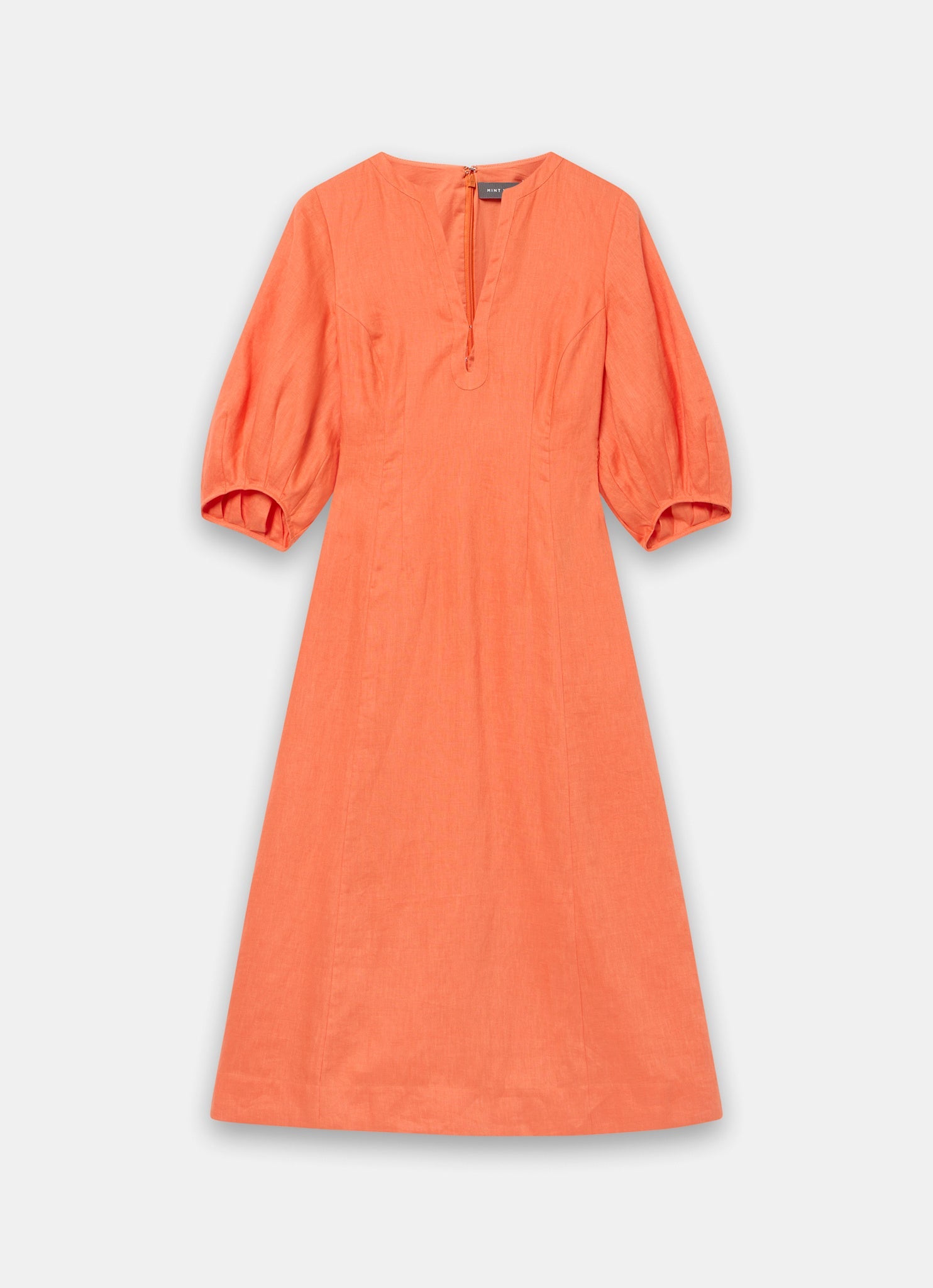 Orange Linen Puff Sleeve Midi Dress