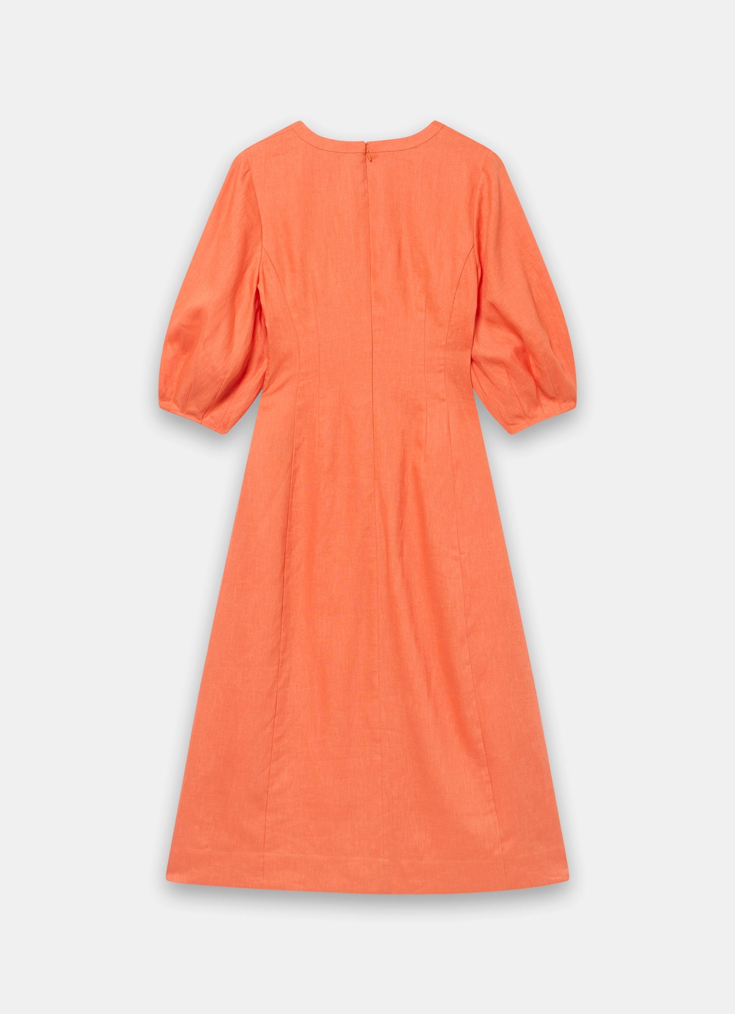 Orange Linen Puff Sleeve Midi Dress