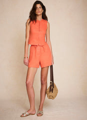 Orange Linen Military Trim Top