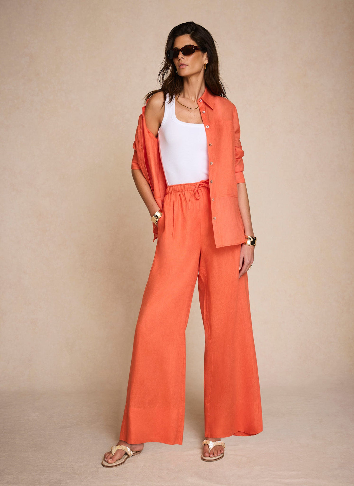 Orange Linen Drawstring Wide Leg Trousers