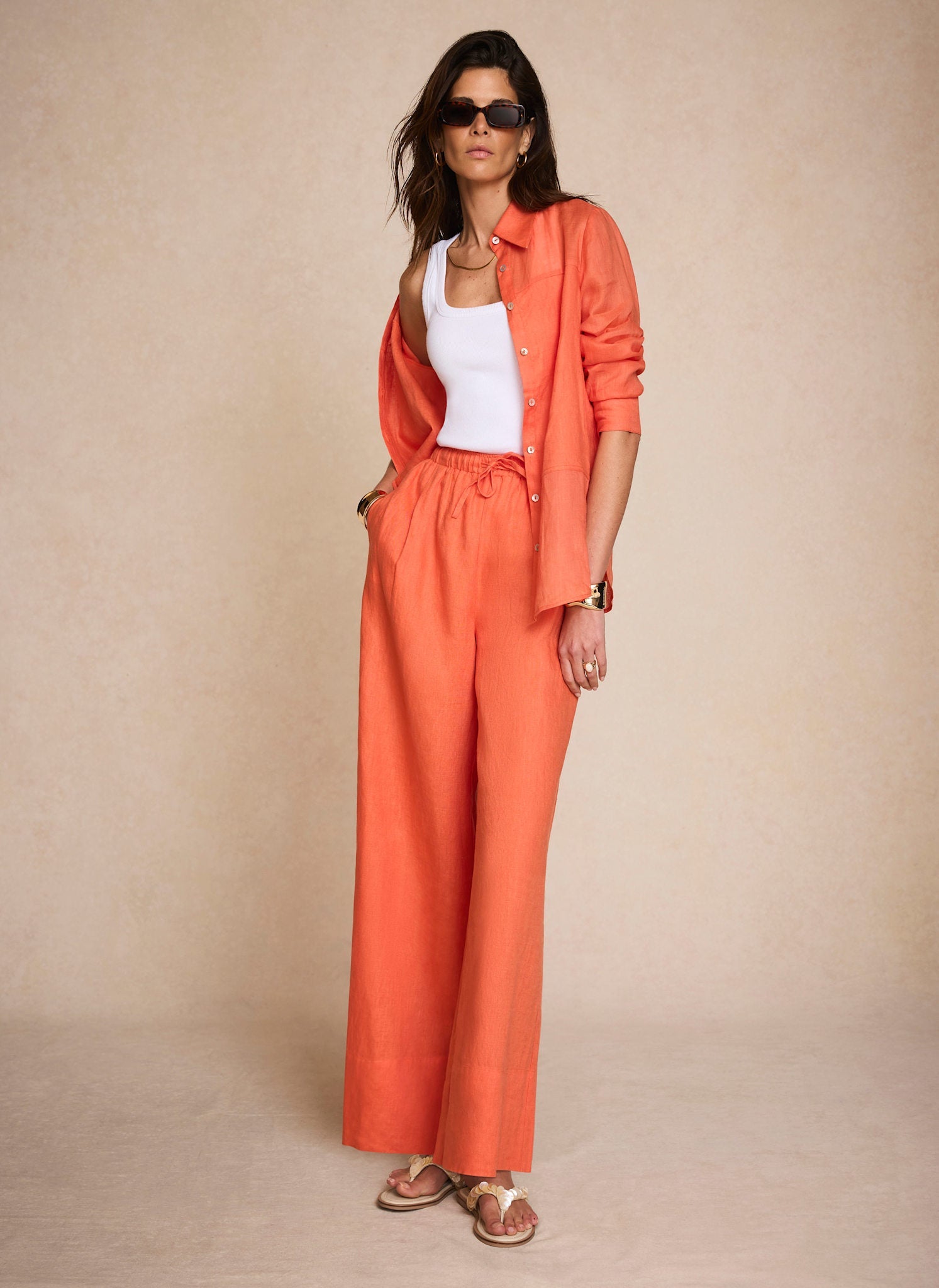 Orange Linen Drawstring Wide Leg Trousers