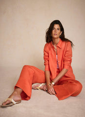 Orange Linen Drawstring Wide Leg Trousers