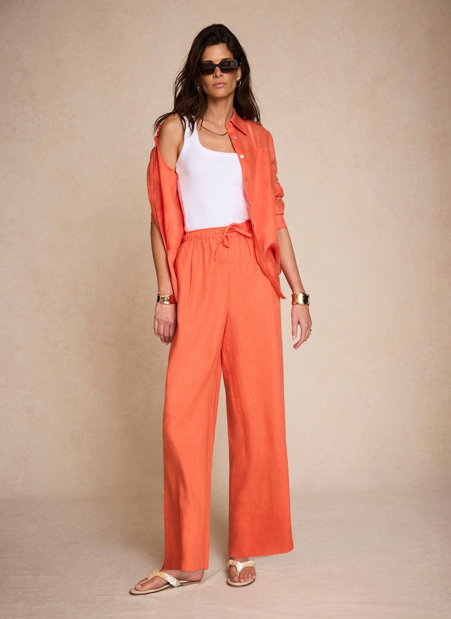 Orange Linen Drawstring Wide Leg Trousers