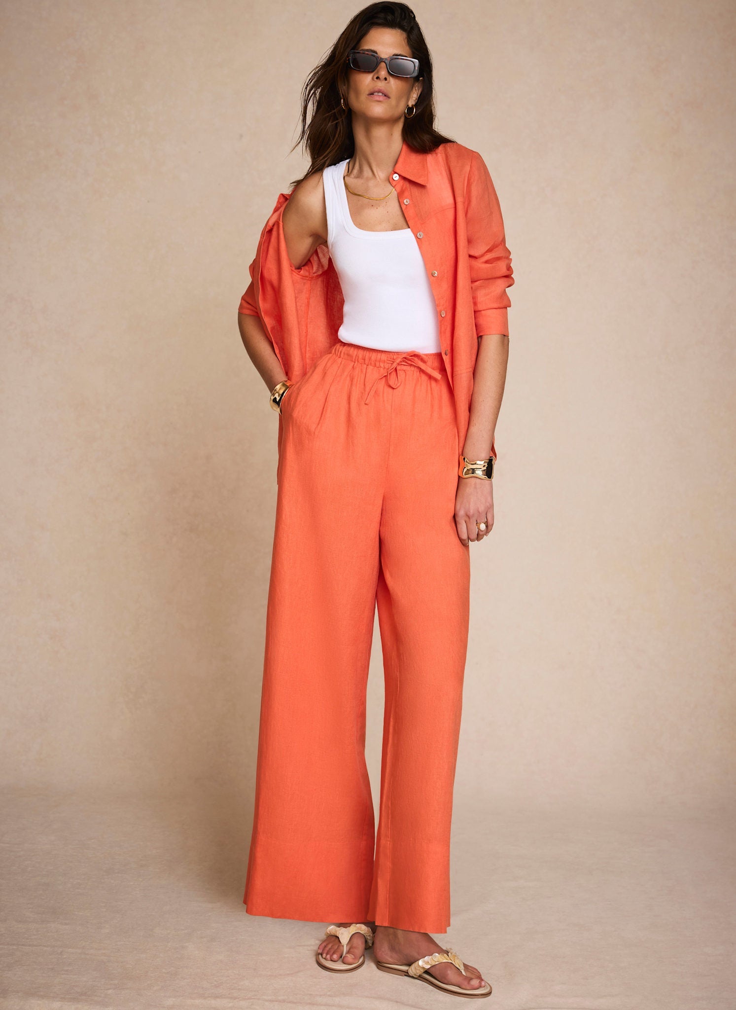Orange Linen Drawstring Wide Leg Trousers