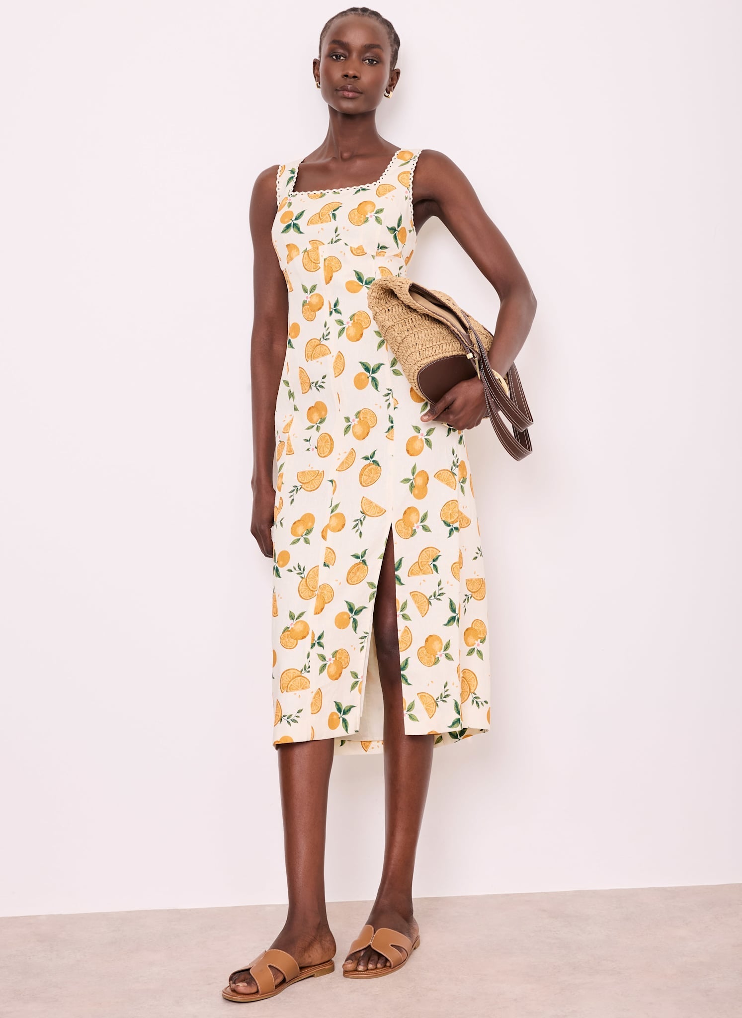 Orange Print Linen Blend Midi Dress