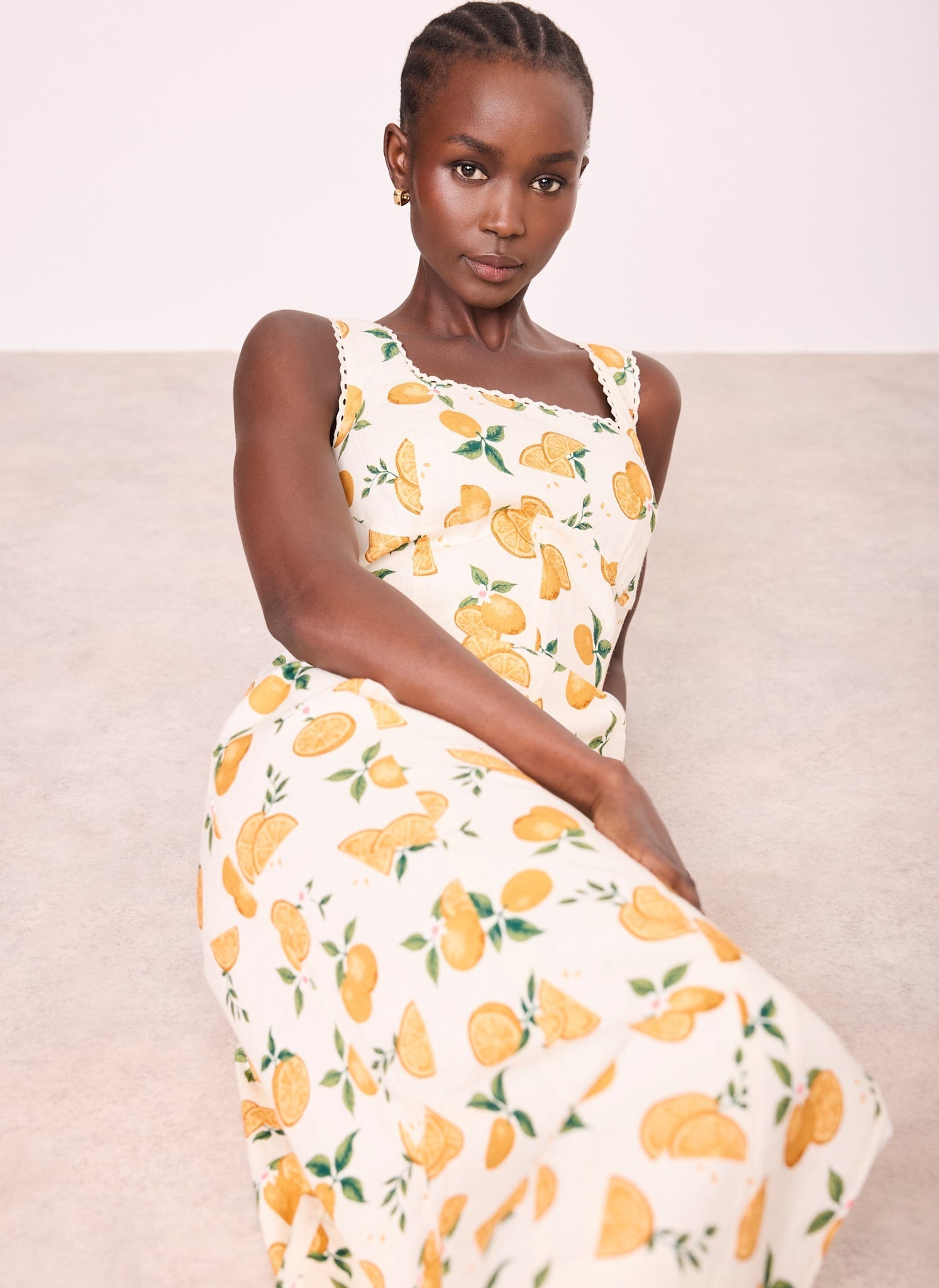 Orange Print Linen Blend Midi Dress